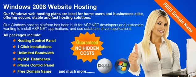 Windows Standard Hosting Plan with one click installs. Includes free domain name, 25GB of Webspace, Unlimited bandwidth, hosting control panel, 20 sub domains, 10 MySQL databases, 100 Pop3/Imap Mailboxes, unlimited forwarders, one click script install, and much more all for just 49 per year. Create blogs, galleries, ecommerce shopping carts, forums and many other types of Website, easily with our Windows Standard Website hosting package. Whether you are building your first Website or you need a home or business Website, the Windows Standard Hosting Package will suit your requirements ideally - all hosted on our excellent Microsoft Windows 2008 Servers.